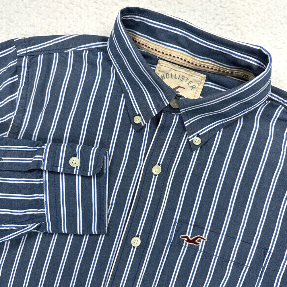 Hollister Button Down Shirt Mens Medium Blue White Striped Long Sleeve Cotton